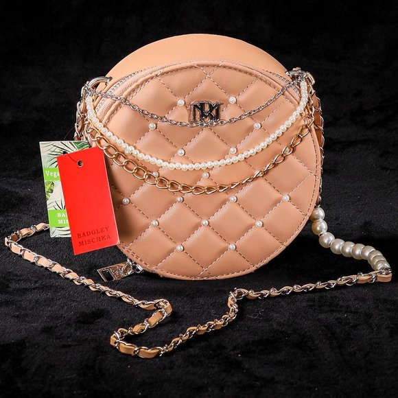 NWT Badgley Mischka | Pink Imitation Pearl-Accent Round Crossbody Bag - Picture 1 of 4